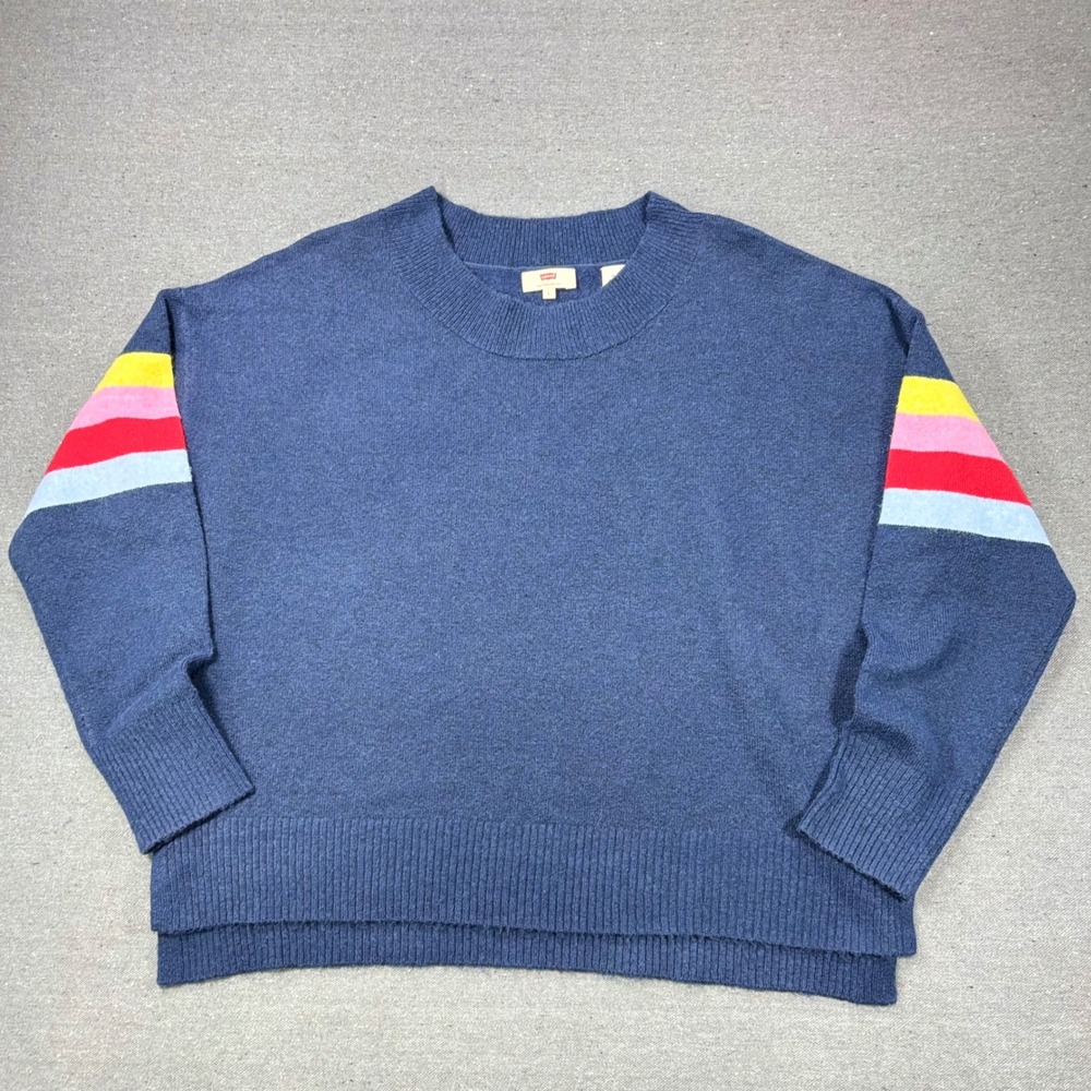 Levi's Sweater Women L Blue Rainbow Stripe Sleeve Crewneck Oversized Pullover